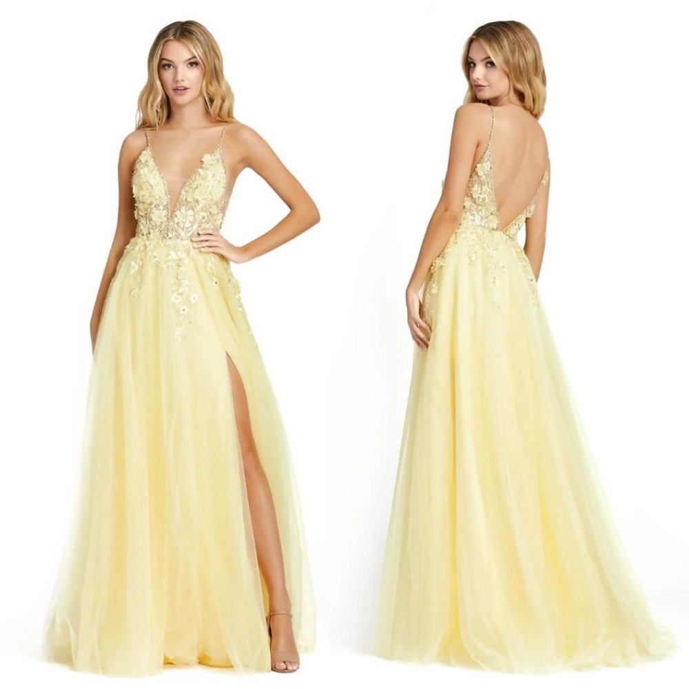 Mac Duggal Pale Yellow Embroidered Tulle Gown